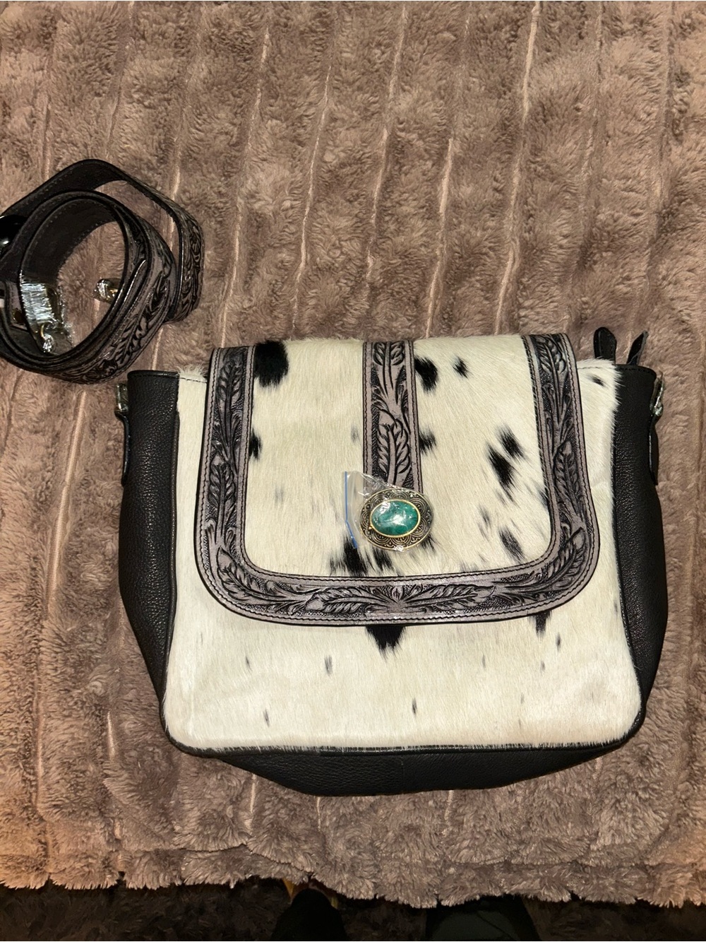 Black & White Cowhide Crossbody Bag with Turquoise Accent